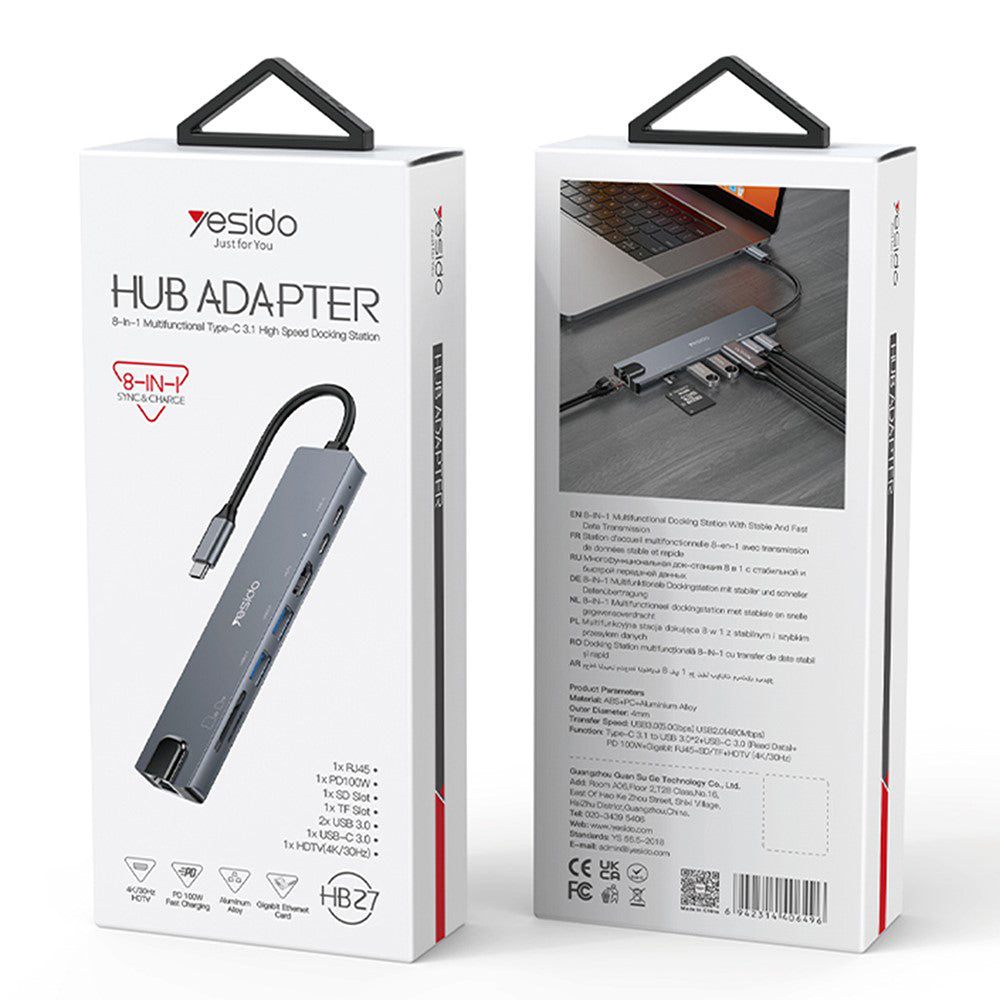 Hub USB-C Yesido HB27, 8in1, Grå