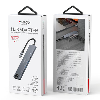 Hub USB-C Yesido HB27, 8in1, Grå