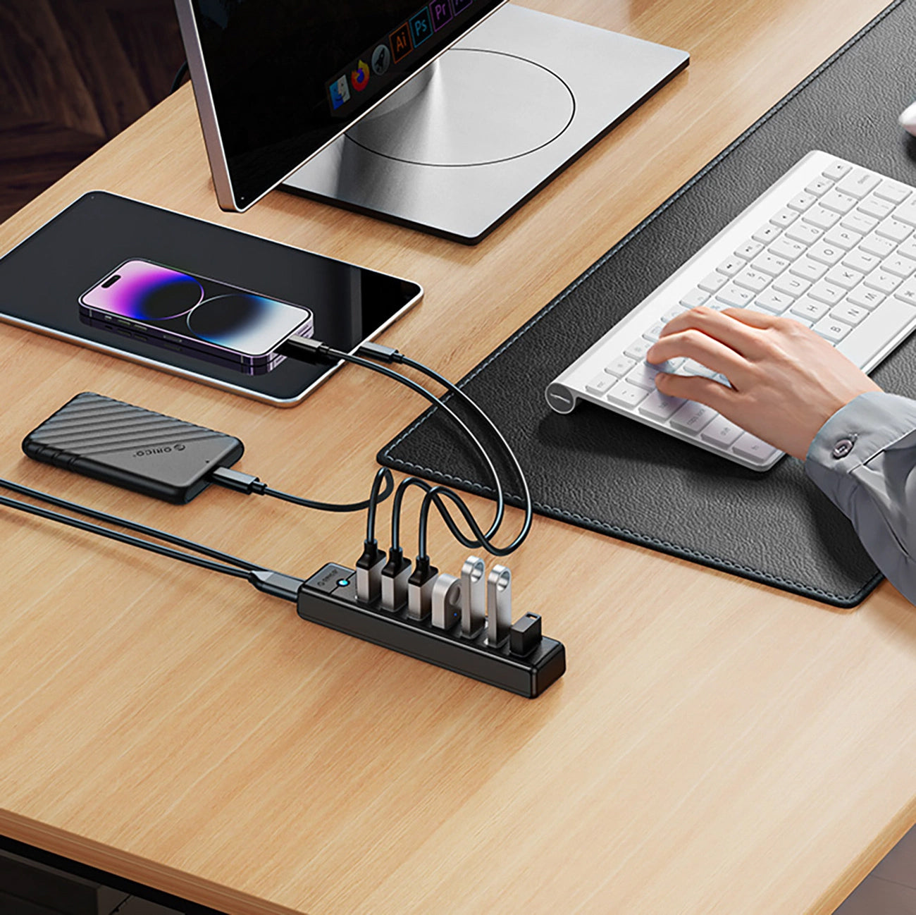 USB-hub Orico PW7U-U3, 7 x USB-A 3.0 - 1 x USB-C, Svart