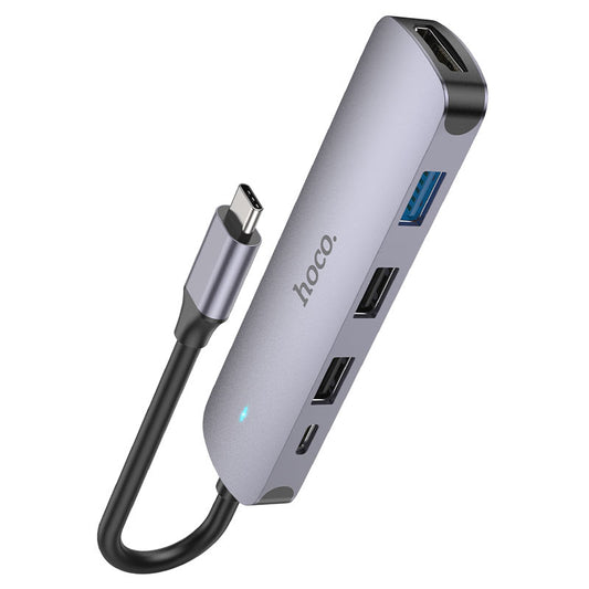 USB-C Hub HOCO HB27, USB-A 3.0 - 2 x USB-A - USB-C - HDMI, Grå