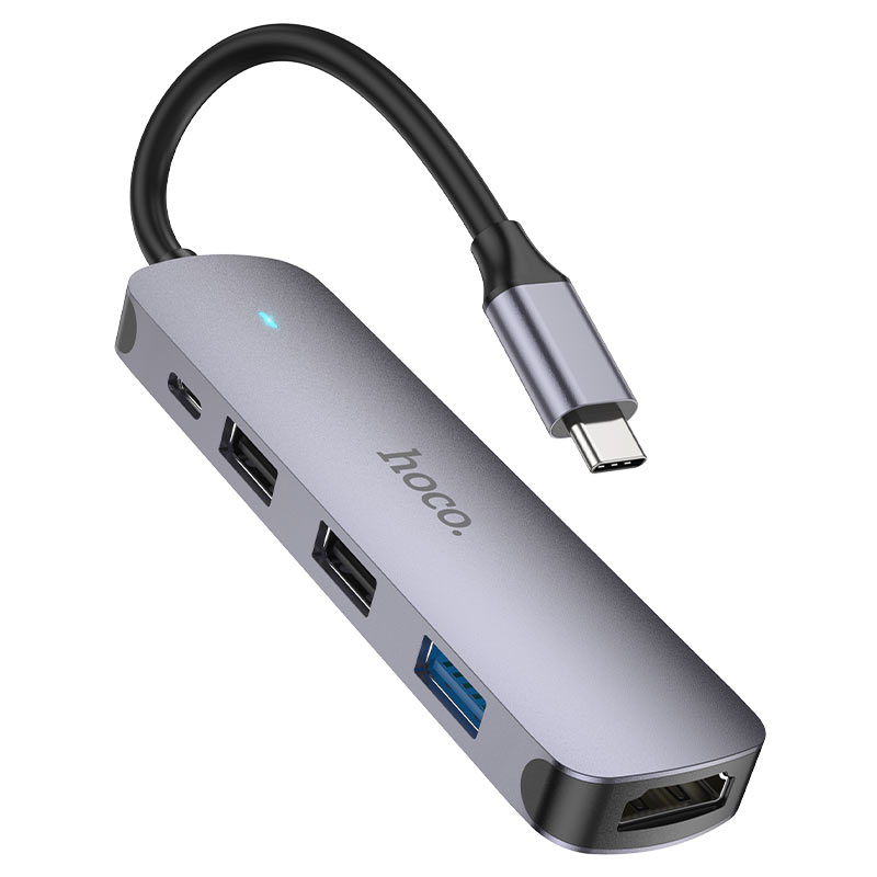 USB-C Hub HOCO HB27, USB-A 3.0 - 2 x USB-A - USB-C - HDMI, Grå