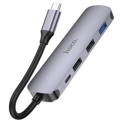 USB-C Hub HOCO HB27, USB-A 3.0 - 2 x USB-A - USB-C - HDMI, Grå