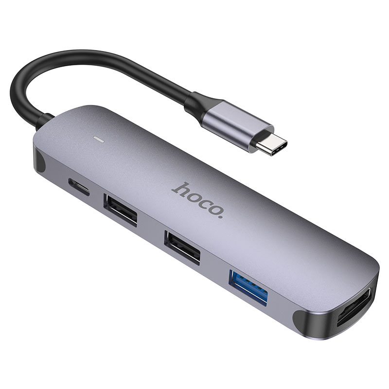 USB-C Hub HOCO HB27, USB-A 3.0 - 2 x USB-A - USB-C - HDMI, Grå