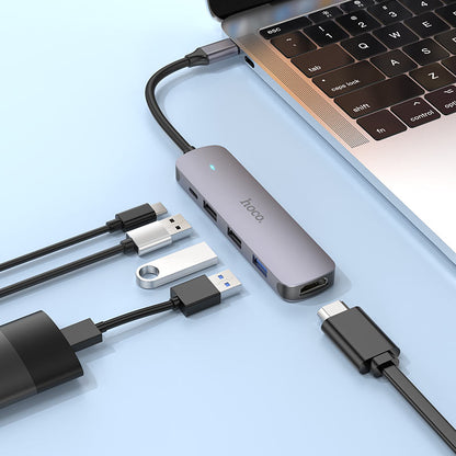 USB-C Hub HOCO HB27, USB-A 3.0 - 2 x USB-A - USB-C - HDMI, Grå