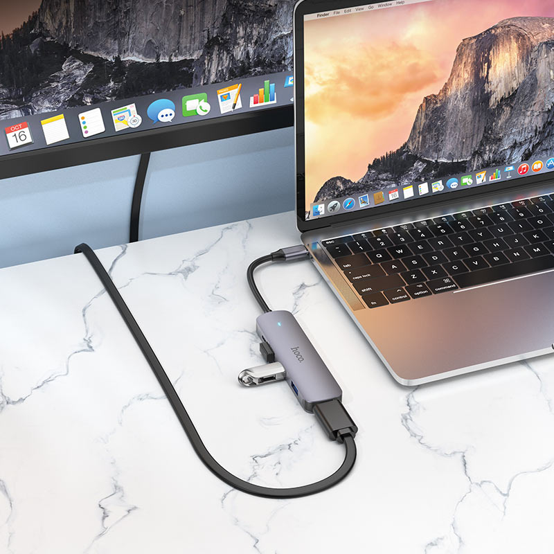 USB-C Hub HOCO HB27, USB-A 3.0 - 2 x USB-A - USB-C - HDMI, Grå