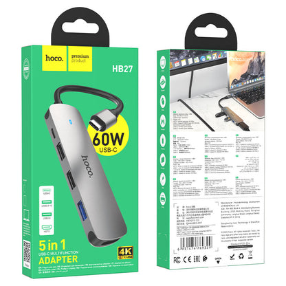 USB-C Hub HOCO HB27, USB-A 3.0 - 2 x USB-A - USB-C - HDMI, Grå