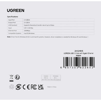 USB-hub UGREEN 20265, 3 x USB-A 3.0 - 1 x RJ45, svart 