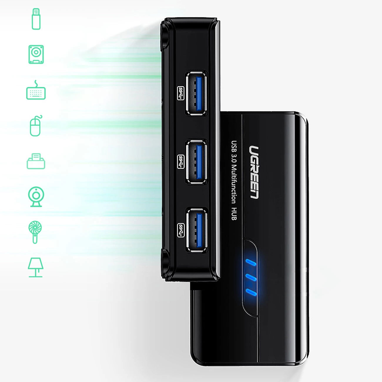 USB-hub UGREEN 20265, 3 x USB-A 3.0 - 1 x RJ45, svart 