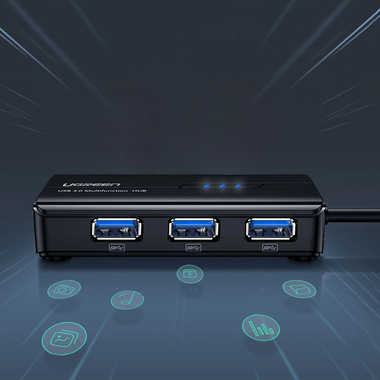 USB-hub UGREEN 20265, 3 x USB-A 3.0 - 1 x RJ45, svart 