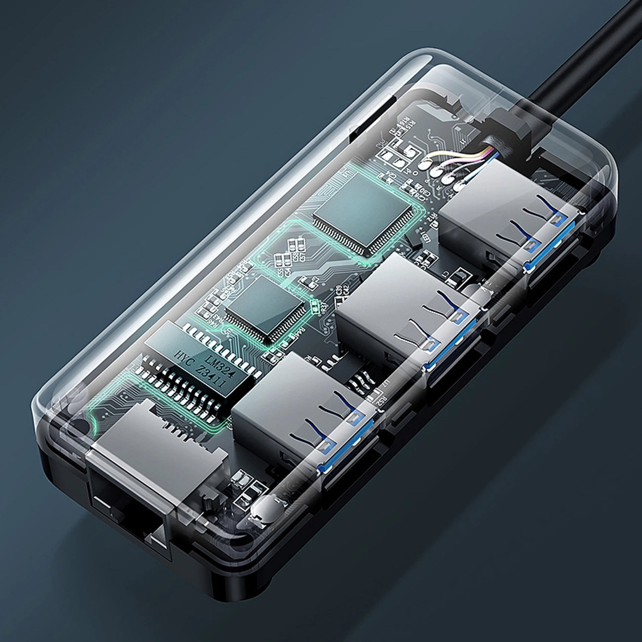 USB-hub UGREEN 20265, 3 x USB-A 3.0 - 1 x RJ45, svart 
