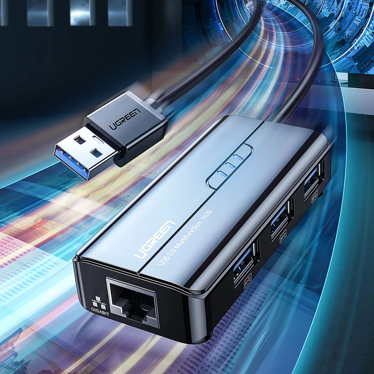 USB-hub UGREEN 20265, 3 x USB-A 3.0 - 1 x RJ45, svart 