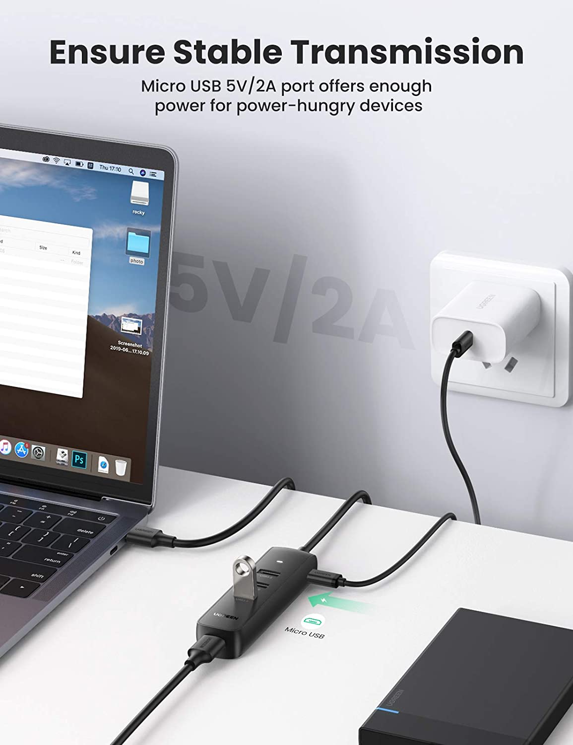 Hub USB UGREEN CM416, 4 x USB-A 3.0, 1m, Svart