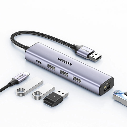 Hub USB UGREEN CM475, 3 x USB-A 3.0 - 1 x USB-C - 1 x RJ45, Grå