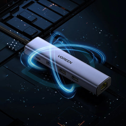 Hub USB UGREEN CM475, 3 x USB-A 3.0 - 1 x USB-C - 1 x RJ45, Grå