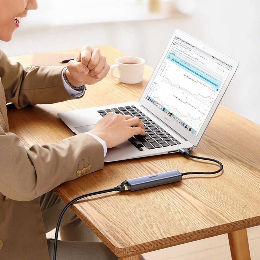 Hub USB UGREEN CM475, 3 x USB-A 3.0 - 1 x USB-C - 1 x RJ45, Grå