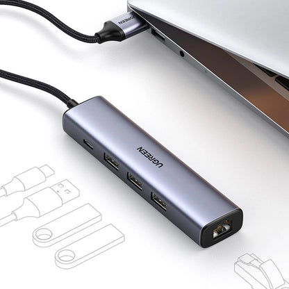 Hub USB UGREEN CM475, 3 x USB-A 3.0 - 1 x USB-C - 1 x RJ45, Grå