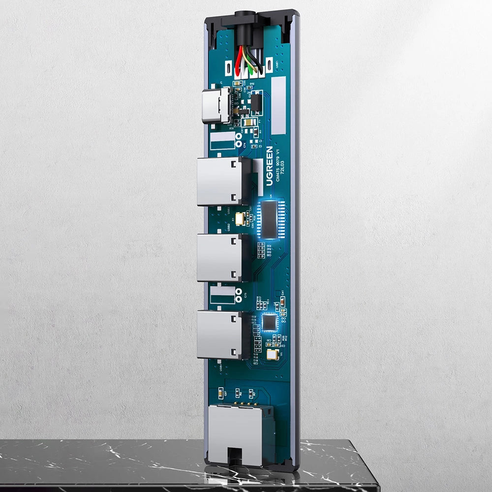 Hub USB UGREEN CM475, 3 x USB-A 3.0 - 1 x USB-C - 1 x RJ45, Grå