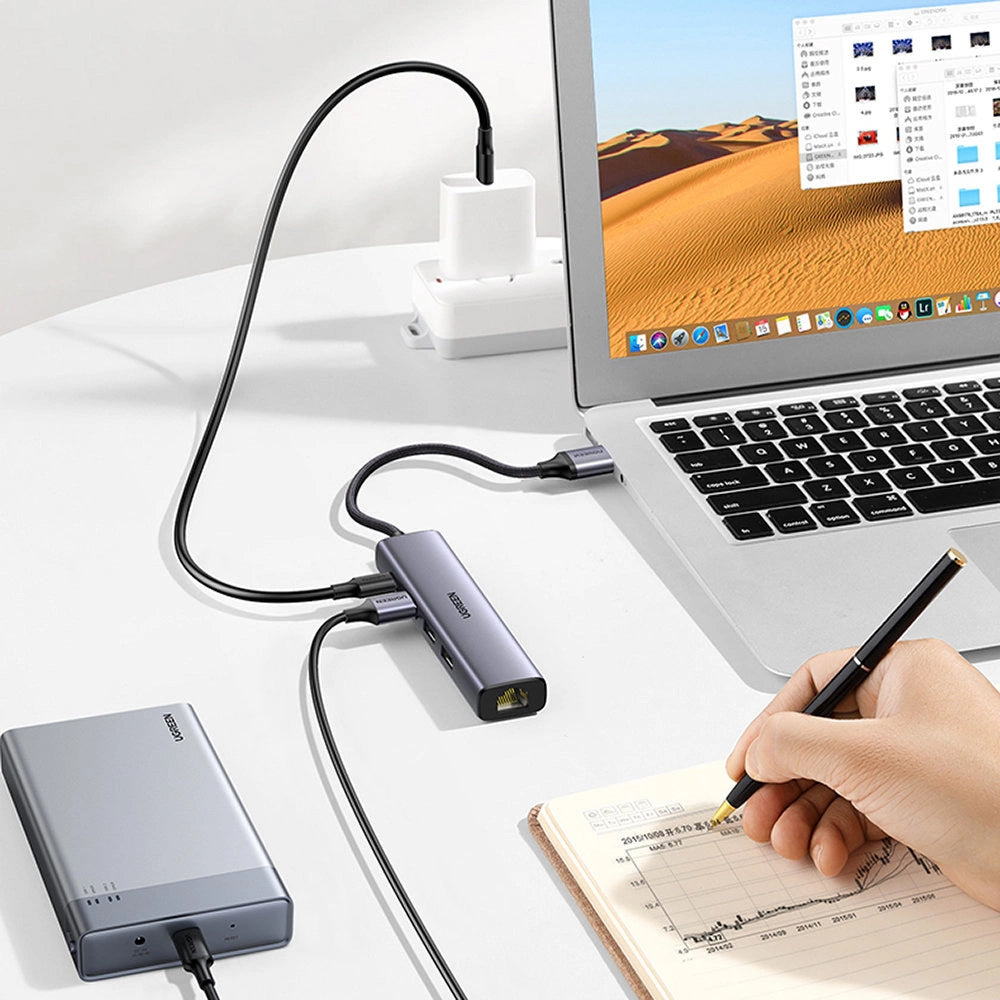Hub USB UGREEN CM475, 3 x USB-A 3.0 - 1 x USB-C - 1 x RJ45, Grå