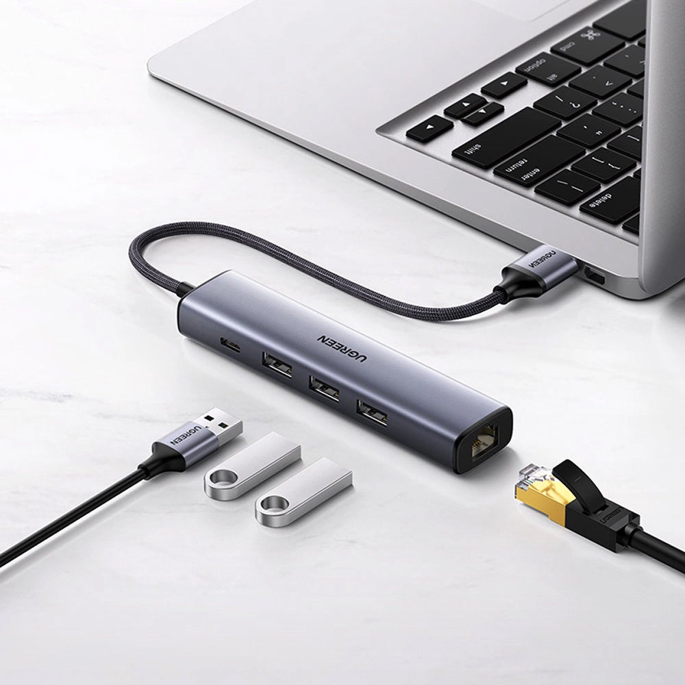 Hub USB UGREEN CM475, 3 x USB-A 3.0 - 1 x USB-C - 1 x RJ45, Grå