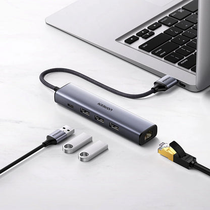 Hub USB UGREEN CM475, 3 x USB-A 3.0 - 1 x USB-C - 1 x RJ45, Grå