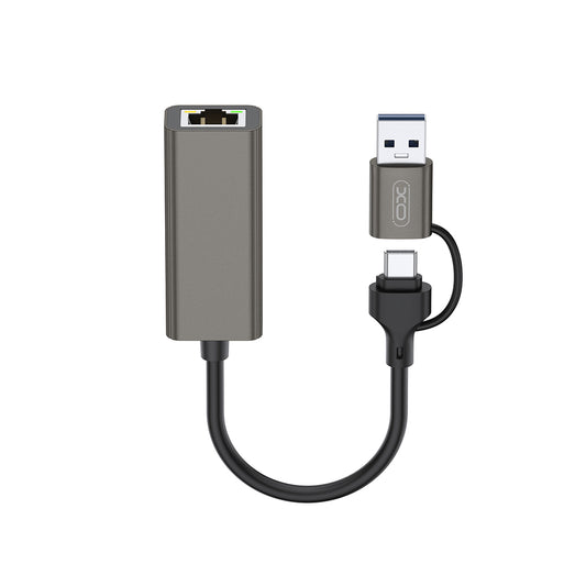 Nettverkskort XO Design HUB018, RJ45, USB-C / USB, Grå