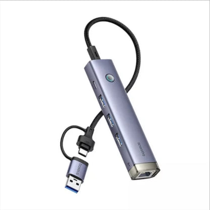 Hub USB / USB-C Baseus UltraJoy, 3 x USB-A 3.0 - 1 x USB-C - 1 x RJ45, Grå B0005280B811-14