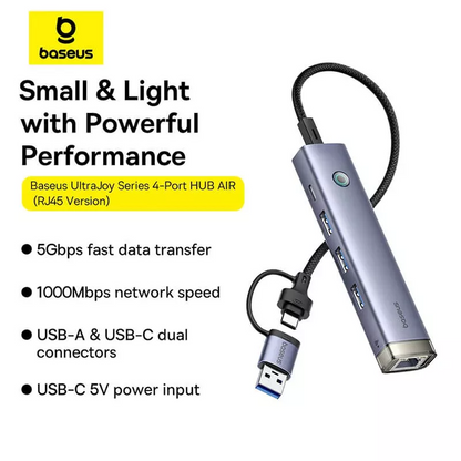 Hub USB / USB-C Baseus UltraJoy, 3 x USB-A 3.0 - 1 x USB-C - 1 x RJ45, Grå B0005280B811-14