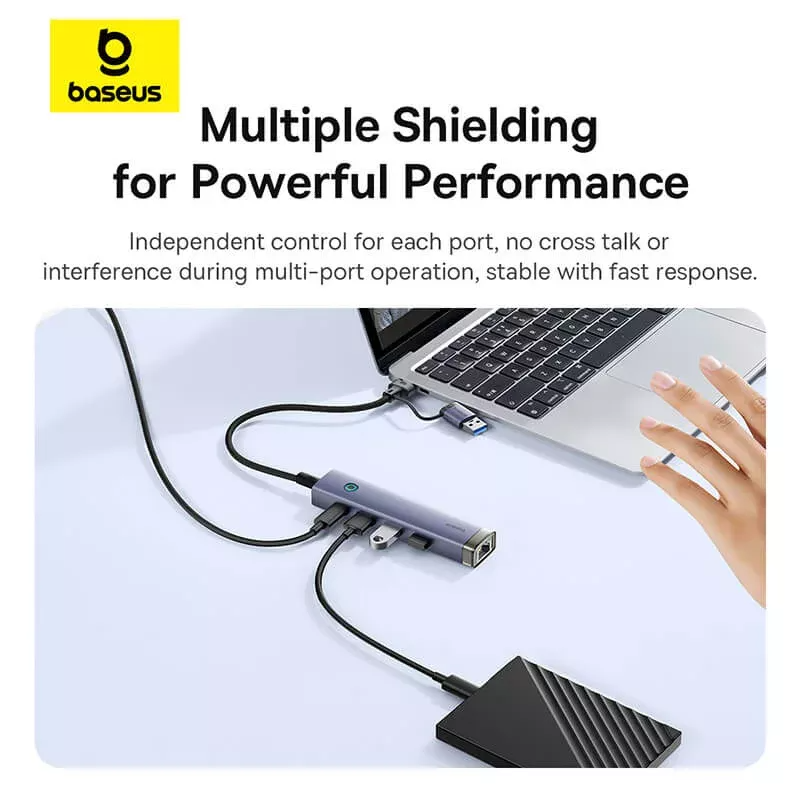Hub USB / USB-C Baseus UltraJoy, 3 x USB-A 3.0 - 1 x USB-C - 1 x RJ45, Grå B0005280B811-14