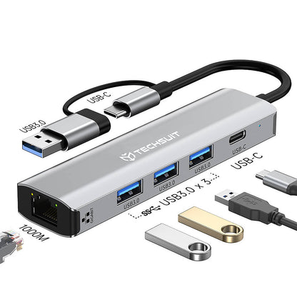 USB-hub / USB-C Techsuit H3 BoostNetLink, 5-i-1, Grå