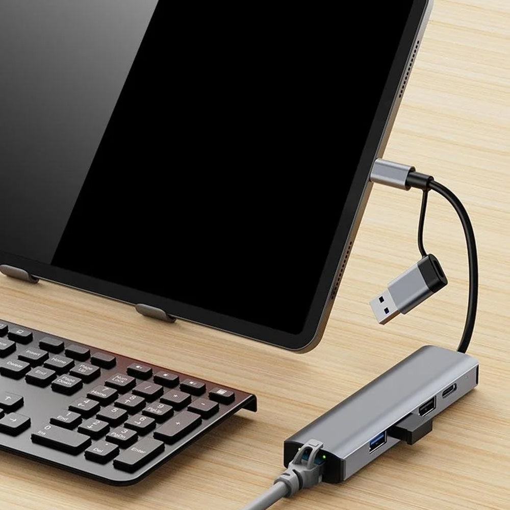 USB-hub / USB-C Techsuit H3 BoostNetLink, 5-i-1, Grå