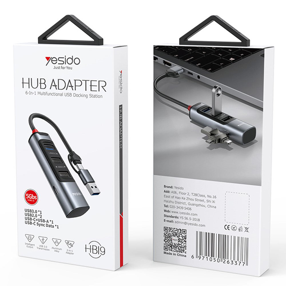 USB / USB-C-hub Yesido HB19, 4-i-1, Grå
