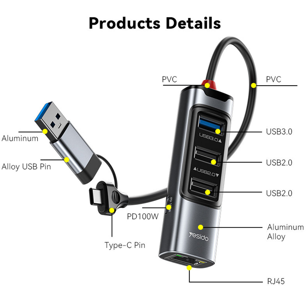USB / USB-C-hub Yesido HB21, 5i1, Grå