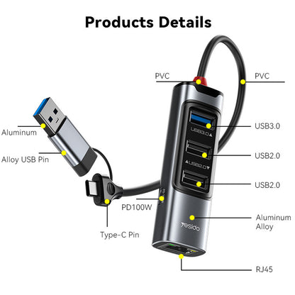 USB / USB-C-hub Yesido HB21, 5i1, Grå