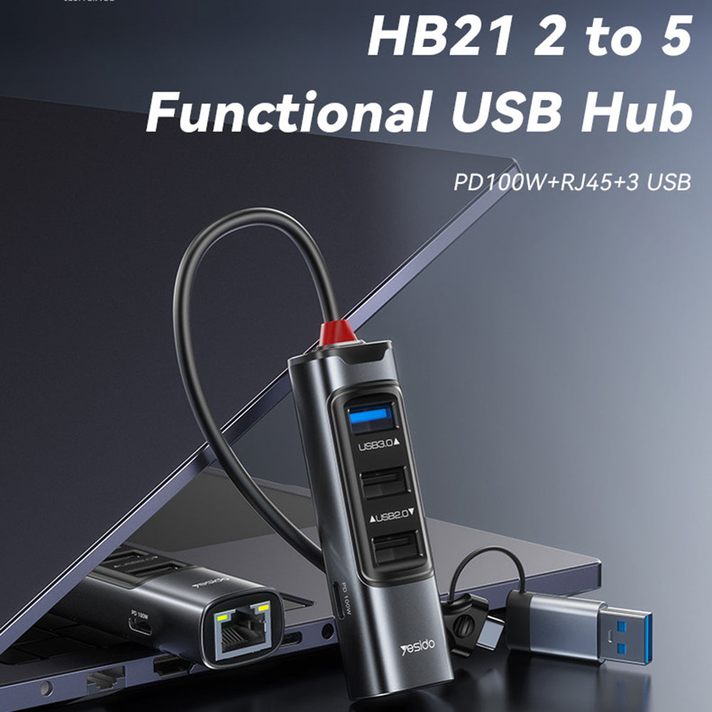 USB / USB-C-hub Yesido HB21, 5i1, Grå