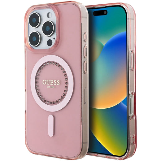 MagSafe-deksel for Apple iPhone 16 Pro Max, Guess, IML Rhinestones Ring, Rosa GUHMP16XPFTDTEP