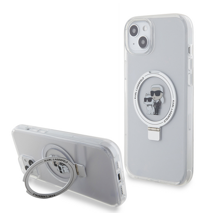 MagSafe-deksel for Apple iPhone 15 Plus, Karl Lagerfeld, Ringstand Karl and Choupette, Hvit, Reseglet