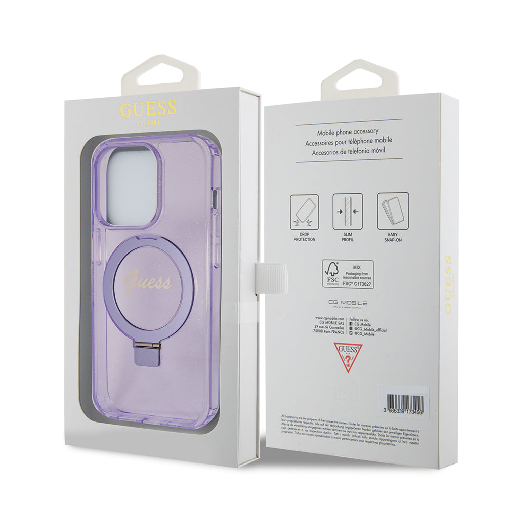 MagSafe-deksel for Apple iPhone 15 Pro Max, Guess, IML Ring Stand Glitter, Lilla GUHMP15XHRSGSU
