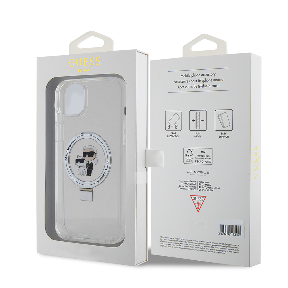 MagSafe-deksel for Apple iPhone 15 Plus, Karl Lagerfeld, Ringstand Karl and Choupette, Hvit, Reseglet