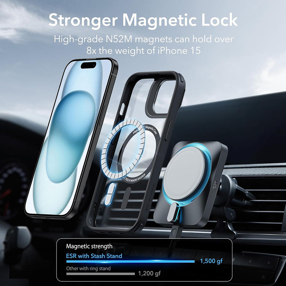 MagSafe-deksel for Apple iPhone 15, ESR, Classic Hybrid Kickstand, Svart Transparent
