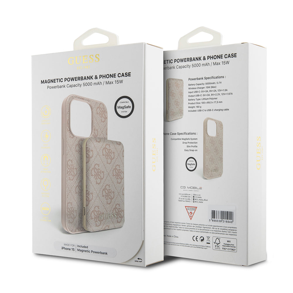MagSafe-deksel for Apple iPhone 15, Guess, Powerbank 4G Metal Logo, Rosa