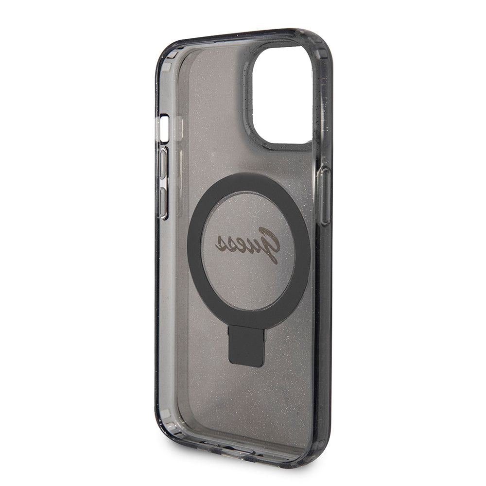 MagSafe-deksel for Apple iPhone 15, Guess, Ring Stand Script Glitter, Svart