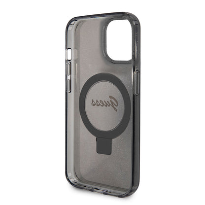MagSafe-deksel for Apple iPhone 15, Guess, Ring Stand Script Glitter, Svart