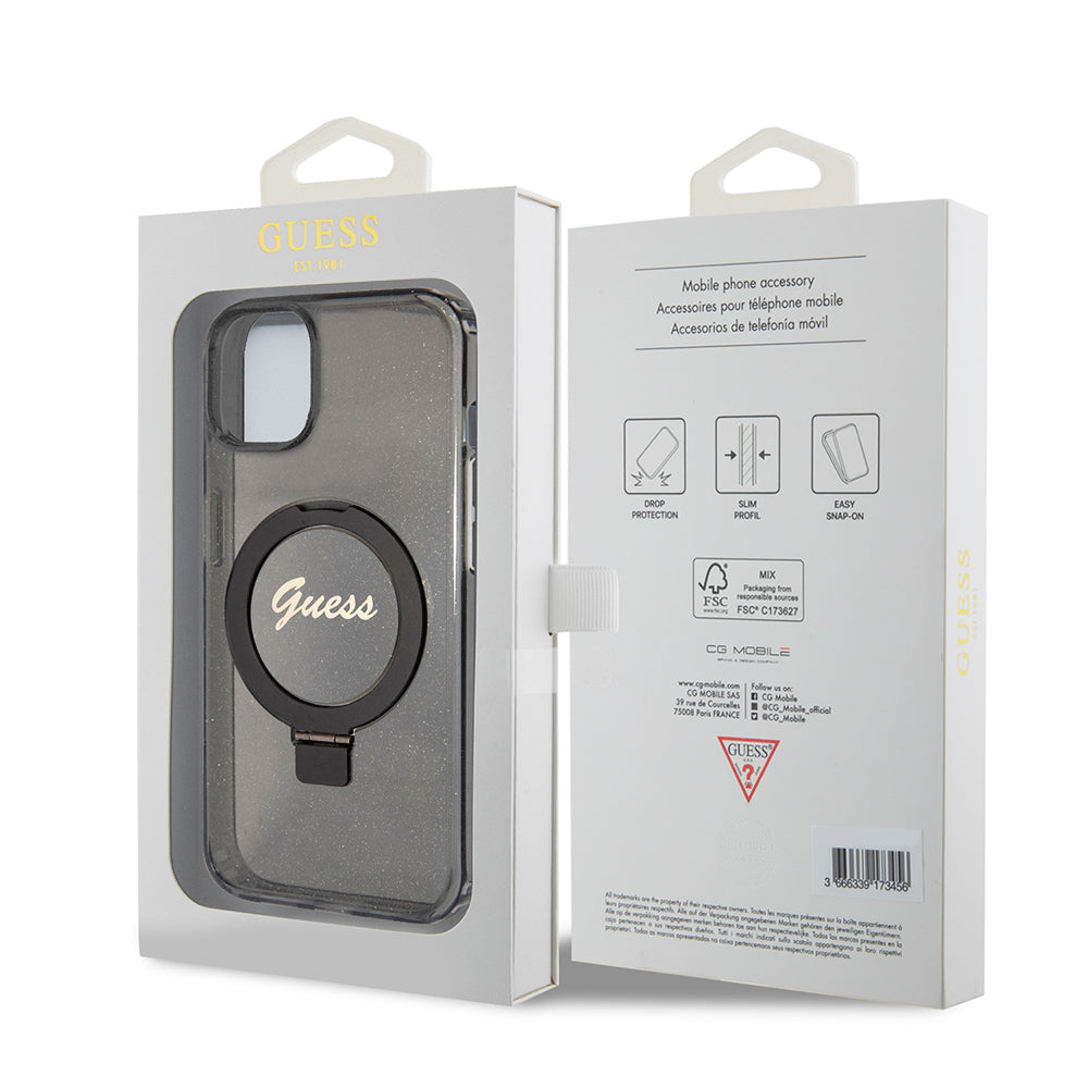 MagSafe-deksel for Apple iPhone 15, Guess, Ring Stand Script Glitter, Svart