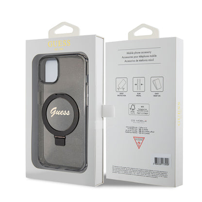 MagSafe-deksel for Apple iPhone 15, Guess, Ring Stand Script Glitter, Svart