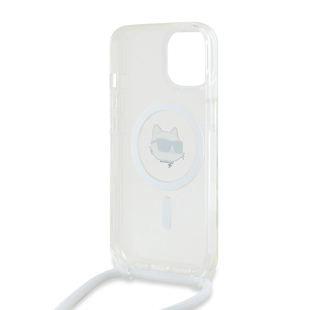 MagSafe deksel for Apple iPhone 15, Karl Lagerfeld, IML Crossbody Choupette's Head with Strap, Gjennomsiktig