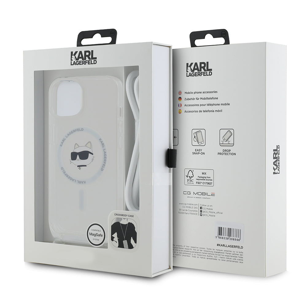 MagSafe deksel for Apple iPhone 15, Karl Lagerfeld, IML Crossbody Choupette's Head with Strap, Gjennomsiktig