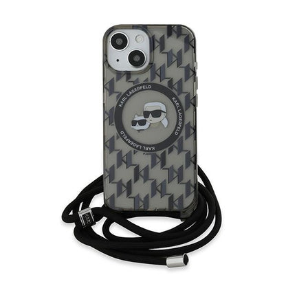 MagSafe-deksel for Apple iPhone 15, Karl Lagerfeld, IML Crossbody Monogram Karl & Choupette's Heads, Svart