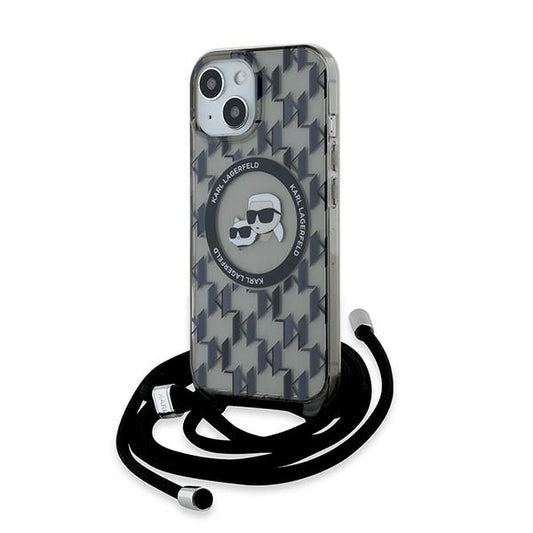 MagSafe-deksel for Apple iPhone 15, Karl Lagerfeld, IML Crossbody Monogram Karl & Choupette's Heads, Svart