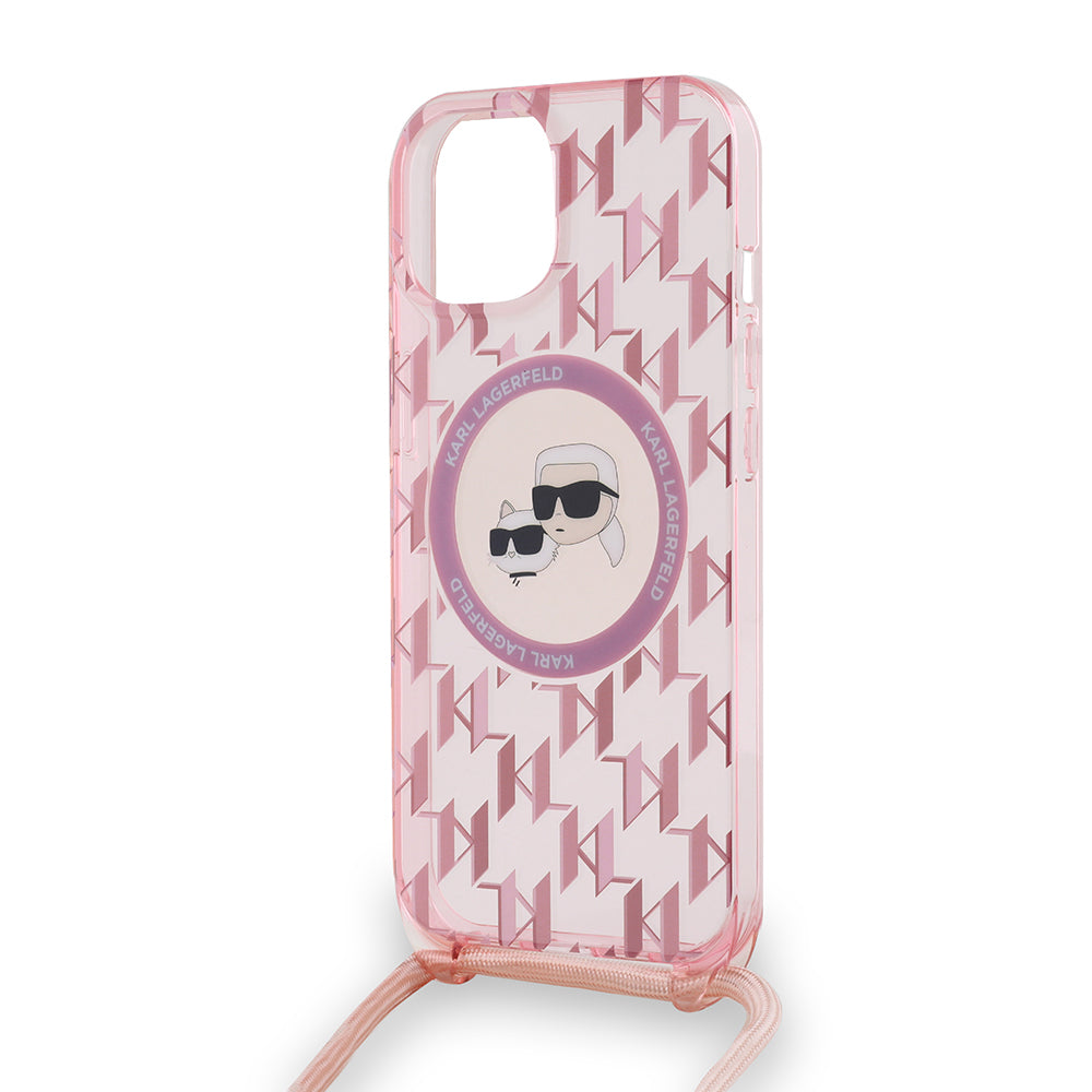 MagSafe-deksel for Apple iPhone 15, Karl Lagerfeld, IML Crossbody Monogram Karl & Choupette's Heads, Rosa