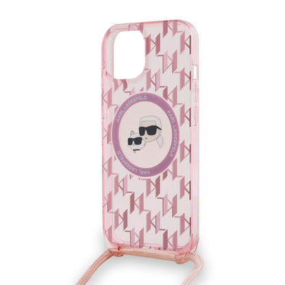 MagSafe-deksel for Apple iPhone 15, Karl Lagerfeld, IML Crossbody Monogram Karl & Choupette's Heads, Rosa